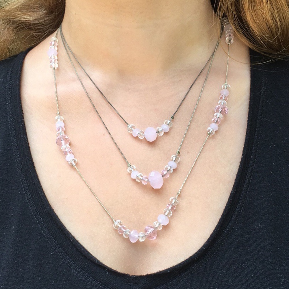 BEAUTIFUL Pink&Clear Beaded Silver Necklace!